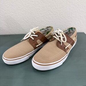 Tommy Bahama Mens Tan Canvas Brown Leather Boat Shoes‎ Lace Up Casual Size 8.5 D